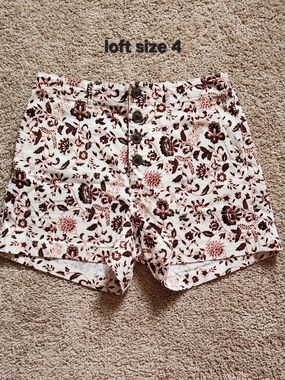 LOFT High-Waist Button-Front Floral Shorts in Cream and Brown